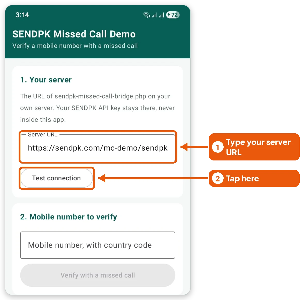 The demo app. Box 1 marks the Server URL field, box 2 marks the Test connection button.